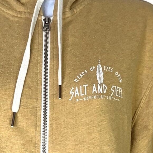 SALT AND STEEL SUPPLY Drawstring Hoodie Sweatshirt Full Zip Gold Beige - Picture 4 of 6